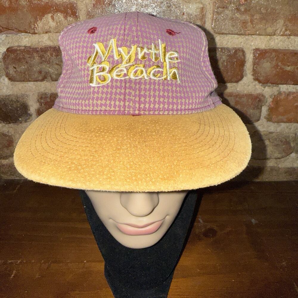 Vintage 80s/90s MYRTLE BEACH Burgundy Check Tan Suede Bill Hat adjustable Close